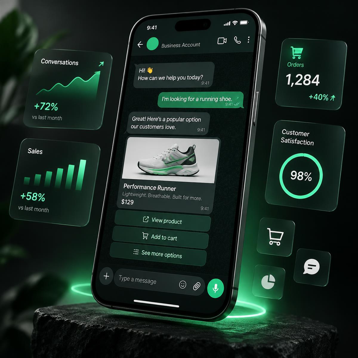 WaFlow WhatsApp chat and campaign analytics on a phone